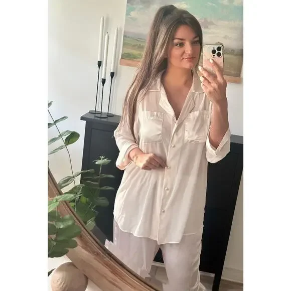 Vintage Dentelle Size Large Pale Pink Silky Satin Chiffon Pajama Set Lingerie - Picture 2 of 14